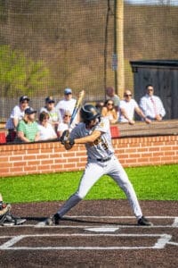 A baseball player in a gray uniform prepares to bat as spectators watch from behind the netting.