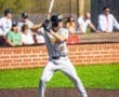 Baseball player at bat, preparing to swing with fans in the background at a sunny outdoor game.