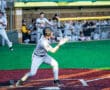 Baseball player in a batting stance with spectators in the background at a lively sports event.