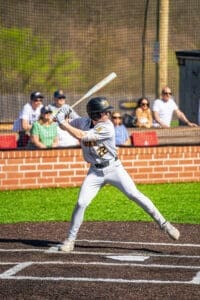Young baseball player preparing to swing a bat, with a crowd in the background during a sunny game day.