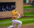 Baseball player in yellow jersey swings bat, preparing to hit the ball during a game on a grassy field.
