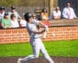 A baseball player swings at a pitch during a game, with spectators in the background cheering on the action.