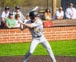 A young baseball player in a gray uniform prepares to bat, with spectators watching in the background on a sunny day.