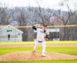 Baseball pitcher in striped uniform winds up on the mound, showcasing athleticism on a sunny day at the ballpark.