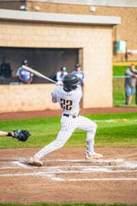 Young baseball player swings a bat in a field, capturing the energy of the game with teammates in the background.