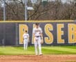 Two baseball players on the field with Tigers in the background during a game at a sports complex.