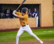 Player in a yellow baseball jersey swings a bat on the field, with teammates visible in the background.