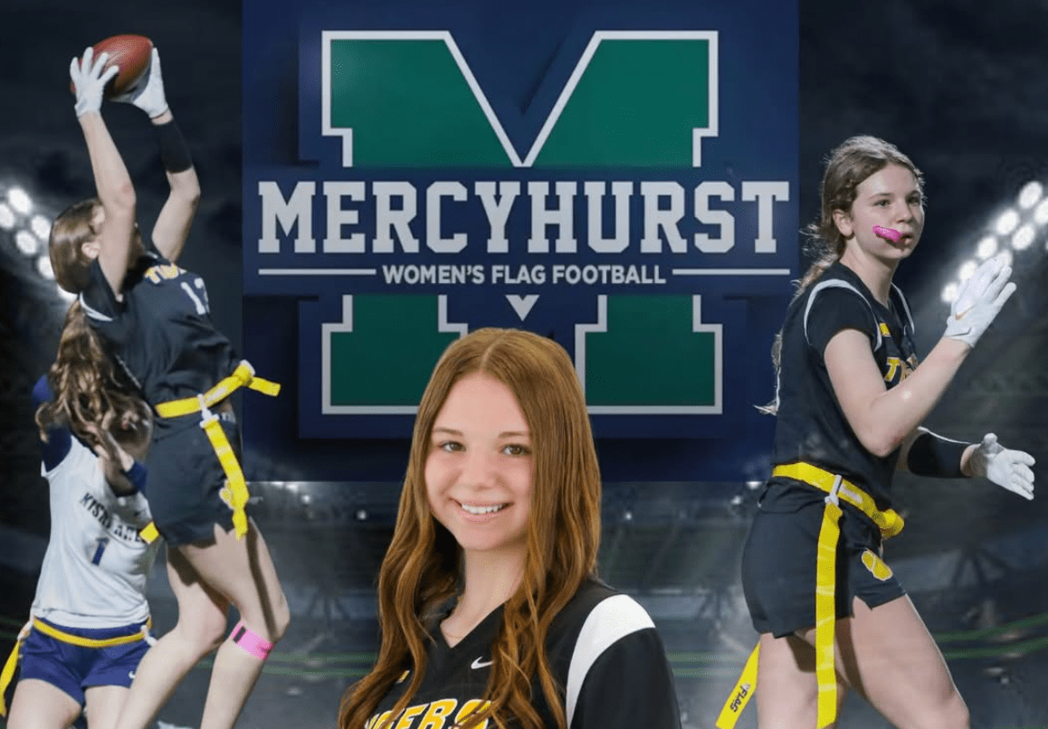 Mercyhurst Women's Flag Football team collage featuring players in action and a smiling athlete in front of their logo.