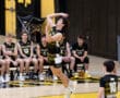 High school volleyball player leaps to set the ball, with teammates on the bench watching in an indoor gym setting.
