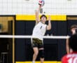 High school volleyball player leaps to serve during a match, showcasing athleticism and team spirit on the court.