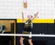 High school volleyball player jumps to serve the ball in an indoor gym setting, showcasing athletic skill and focus.