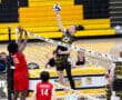 A player leaps to spike a volleyball over the net during a competitive match, with teammates and spectators in the background.