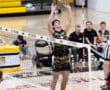 High school volleyball player sets the ball during a match, showcasing athletic skill and teamwork in action.