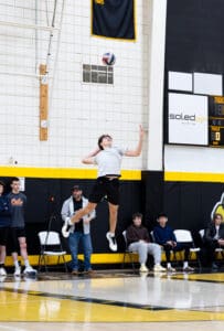High school volleyball player jumping to hit a volleyball during a game, surrounded by spectators on the sidelines.