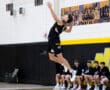 High school volleyball player jumping to serve during a match, with teammates cheering on the sidelines.