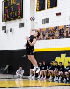 High school volleyball player serves a ball during a match, teammates cheering on the sidelines. Score 17-10.
