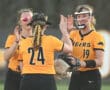 Softball players in yellow jerseys celebrating during a game, showcasing teamwork and excitement on the field.