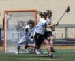 Lacrosse players in action, one shooting on goal while the goalie defends the net during a sunny game day.