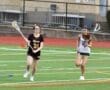 Two female lacrosse players compete on a vibrant field, showcasing athleticism and teamwork during a match.