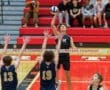 High school volleyball player spikes the ball over the net while teammates and spectators cheer in the gym.