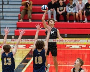 High school volleyball player spikes the ball over the net while teammates and spectators cheer in the gym.