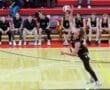 A volleyball player jumps to serve, with teammates and spectators in the background at a gymnasium.