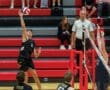 A volleyball player jumps to spike the ball over the net during a match, while spectators watch in the background.
