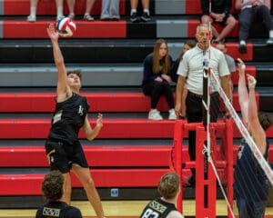 A volleyball player jumps to spike the ball over the net during a match, while spectators watch in the background.