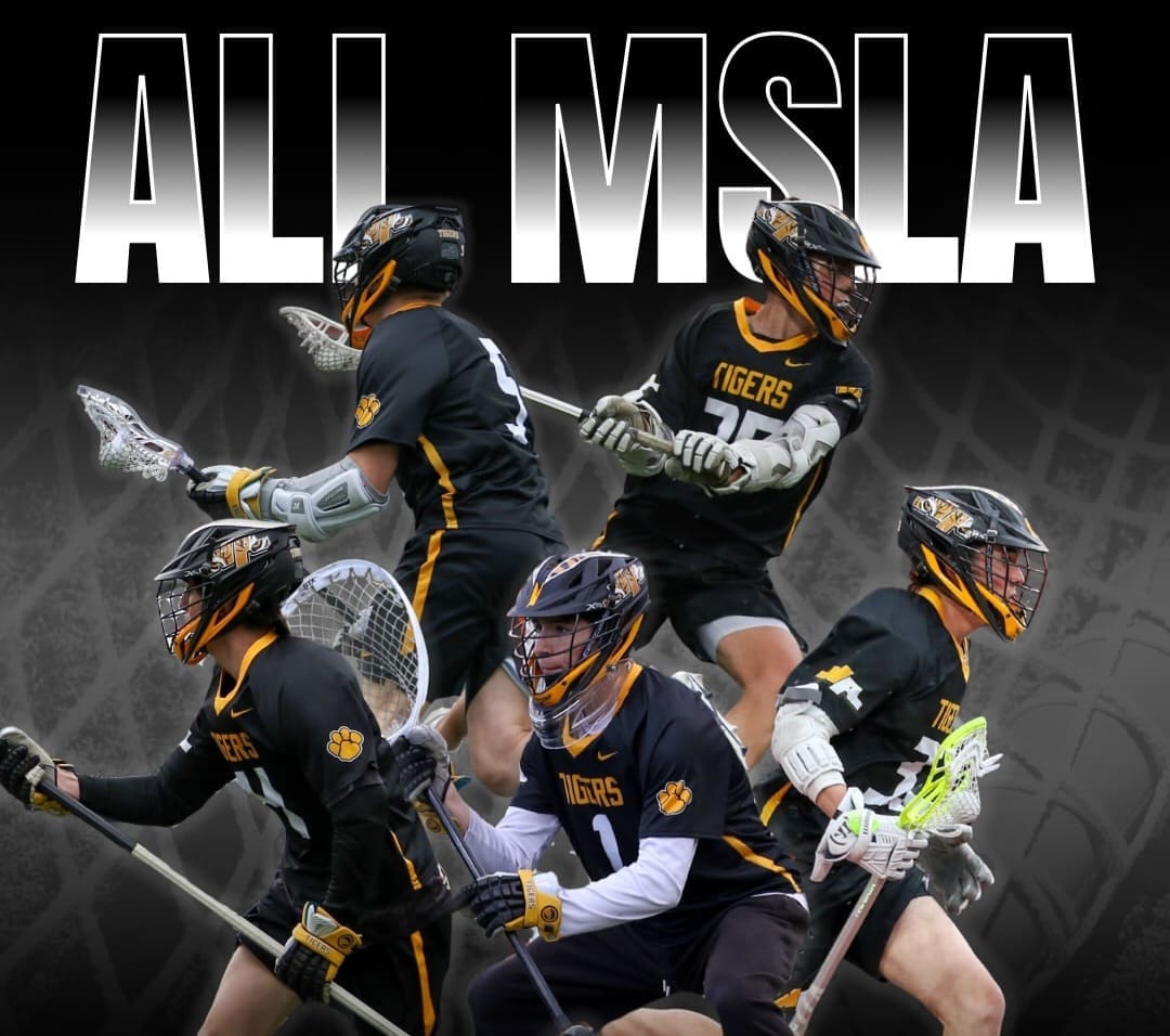 Collage of lacrosse players in action, showcasing the All MSLA Tigers team with vibrant black and gold uniforms.