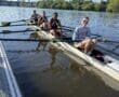 Four female rowers in a boat on a river, enjoying a sunny day with trees and city skyline in the background.