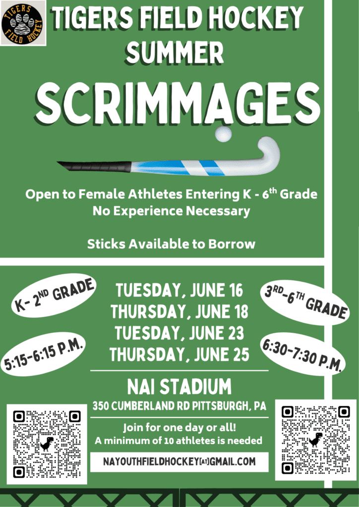 Alt text: Tigers Field Hockey Summer Scrimmages flyer for K-6th grade, detailing dates, times, and contact info for participants.