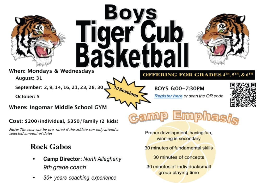 Boys Tiger Cub Basketball camp details: ages 4th-6th, session dates, costs, and emphasis on skills and fun.