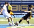 Soccer players in action during a match, competing for the ball on a vibrant field under sunny conditions.