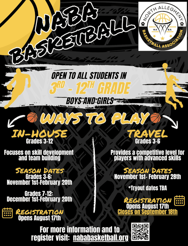 NABA Basketball registration for grades 3-12, with in-house and travel options, opens August 17. Visit nababasketball.org.