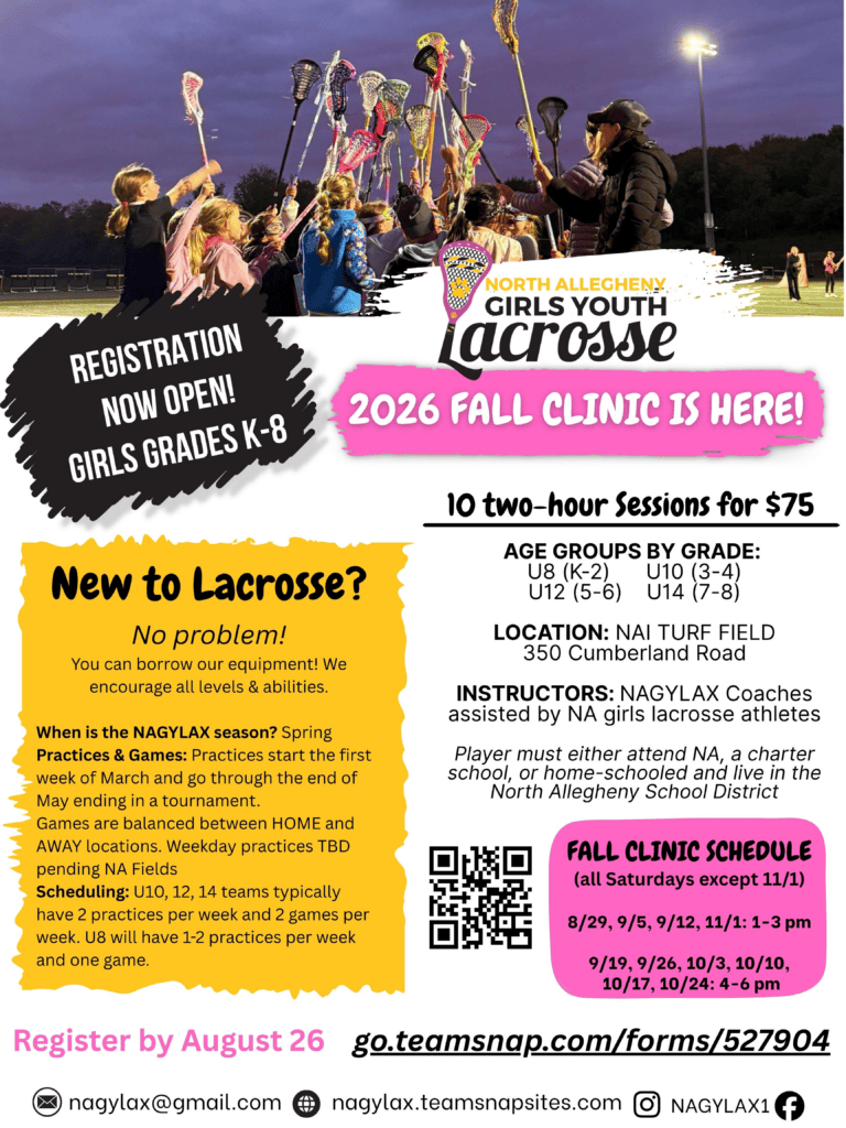 Alt text: North Allegheny Girls Youth Lacrosse fall clinic flyer with registration details for grades K-8, showcasing kids with lacrosse sticks.