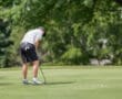 Golfer focusing on putting on a sunny day, surrounded by lush greenery on the course.