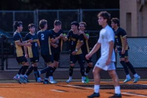 Young soccer players celebrating a goal on the field, wearing black and gold uniforms, with one player in white.