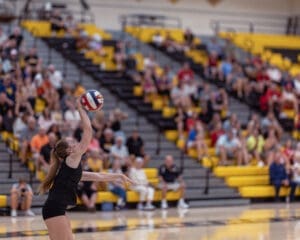 A volleyball player serves the ball in front of an enthusiastic crowd in a gymnasium.