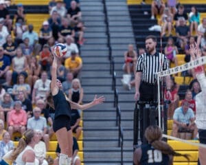 Volleyball player spikes the ball during a match, with a focused referee overseeing the exciting game.
