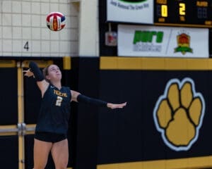 Volleyball player in a Tigers uniform serves the ball during a match, with scoreboard in the background.