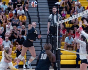 Volleyball player leaps to spike the ball over the net, with spectators watching eagerly in a vibrant gym setting.