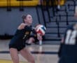 Female volleyball player prepares to receive a serve during a game, showcasing athleticism and focus in a gym setting.