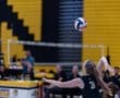A volleyball player prepares to serve during a match, showcasing athleticism and focus in a competitive setting.