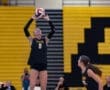Volleyball player in black jersey sets the ball during a match, with teammates and spectators in the background.