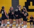Team huddling during a volleyball match, celebrating and strategizing in a vibrant gym setting.