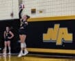 Volleyball player serves the ball during a game, showcasing athleticism and team spirit in a competitive setting.