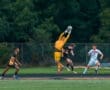 Goalkeeper leaps to catch the soccer ball mid-air during a game, with players in action on the field.