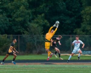 Goalkeeper leaps to catch the soccer ball mid-air during a game, with players in action on the field.