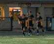 High school soccer players celebrating a goal under stadium lights, wearing black and yellow uniforms.