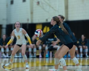 Volleyball players in action during a match, focusing on a player ready to receive the ball on the court.